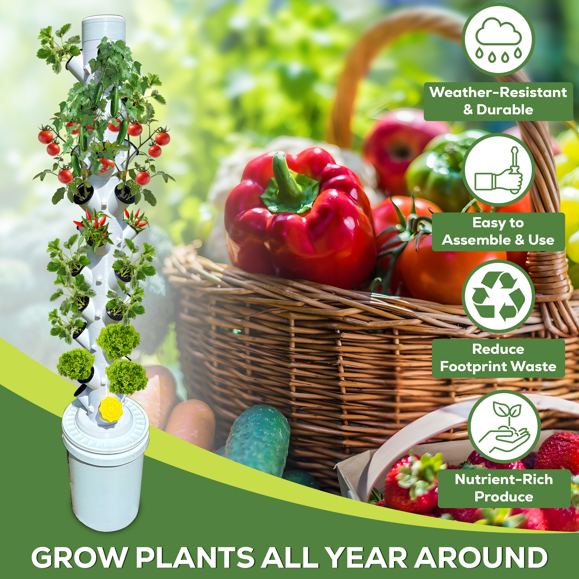 Hydroponic Tower Starter Kit, 12 Plant Cups, Compact Garden Kit for Home Growers